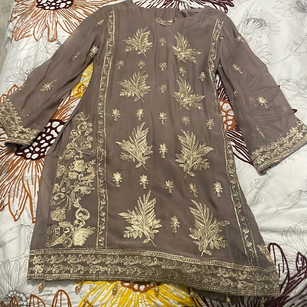 Taupe and gold sharara set
